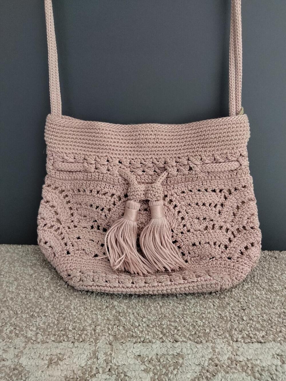 The Sak Hand Crochet Shoulder Purse Drawstring Bucket Bag Tassel Boho